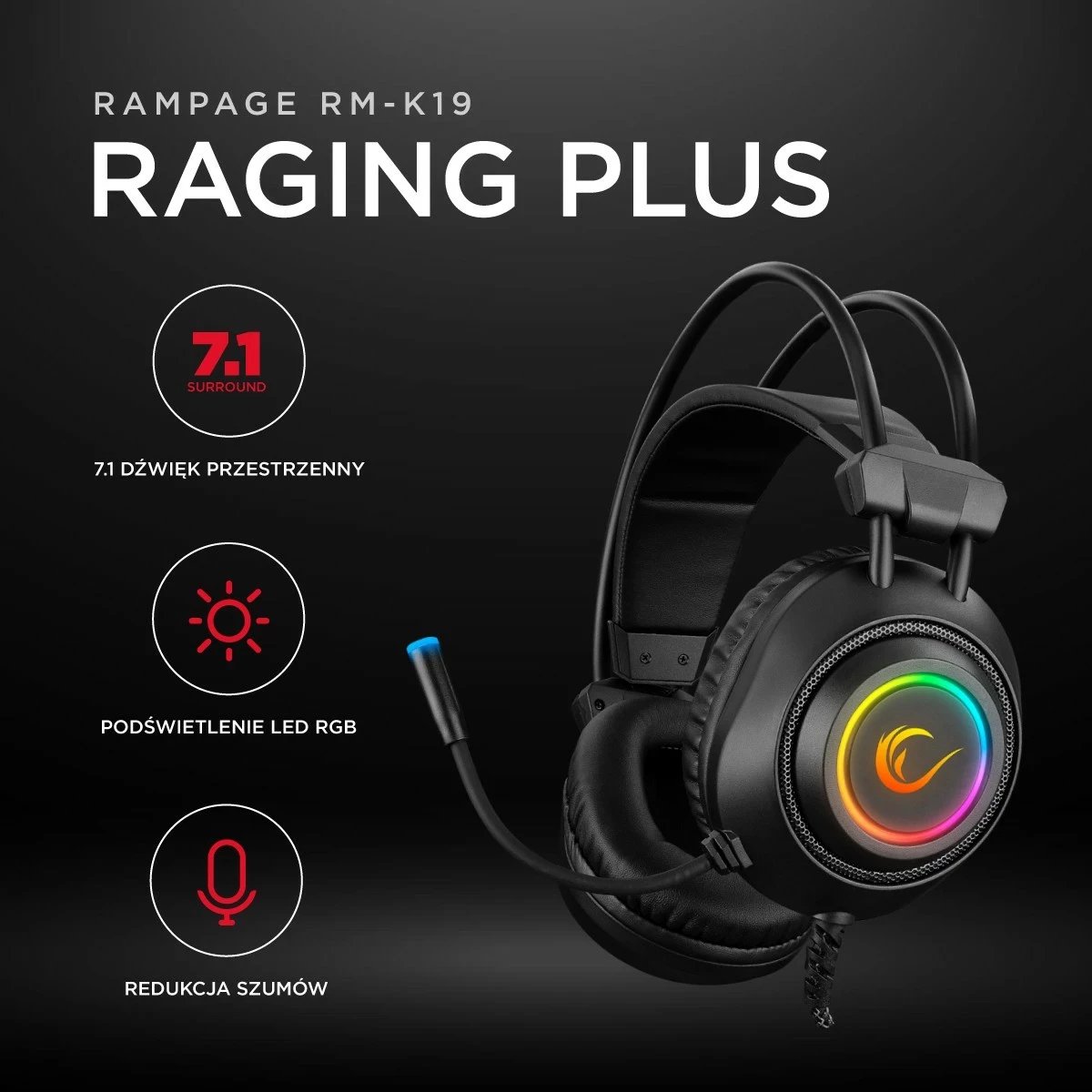 Kufje gaming Rampage RM-K19, me mikrofon, RGB, USB, të zeza-kuqe Kufje gaming Rampage RM-K19, me mikrofon, RGB, USB, të zeza-kuqe