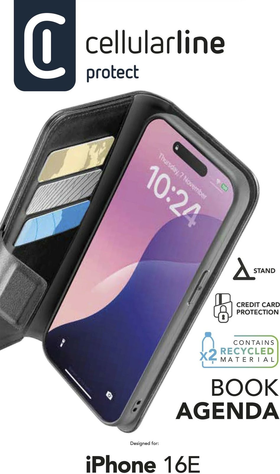 Mbështjellës Cellular Line për iPhone SE (2025), folio, 6.1 inch, e zezë