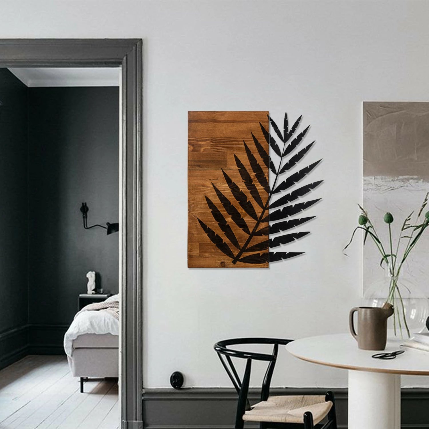 Aksesor dekorativ për mur, dru dhe metal, Wallity Leaf3, ngjyrë e zezë dhe arre, 50x58cm