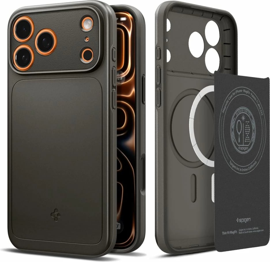 Mbështjellës, Spigen, Thin Fit MagSafe, për iPhone 17 Pro Max, polikarbonat, ultra i hollë, me MagSafe, gri