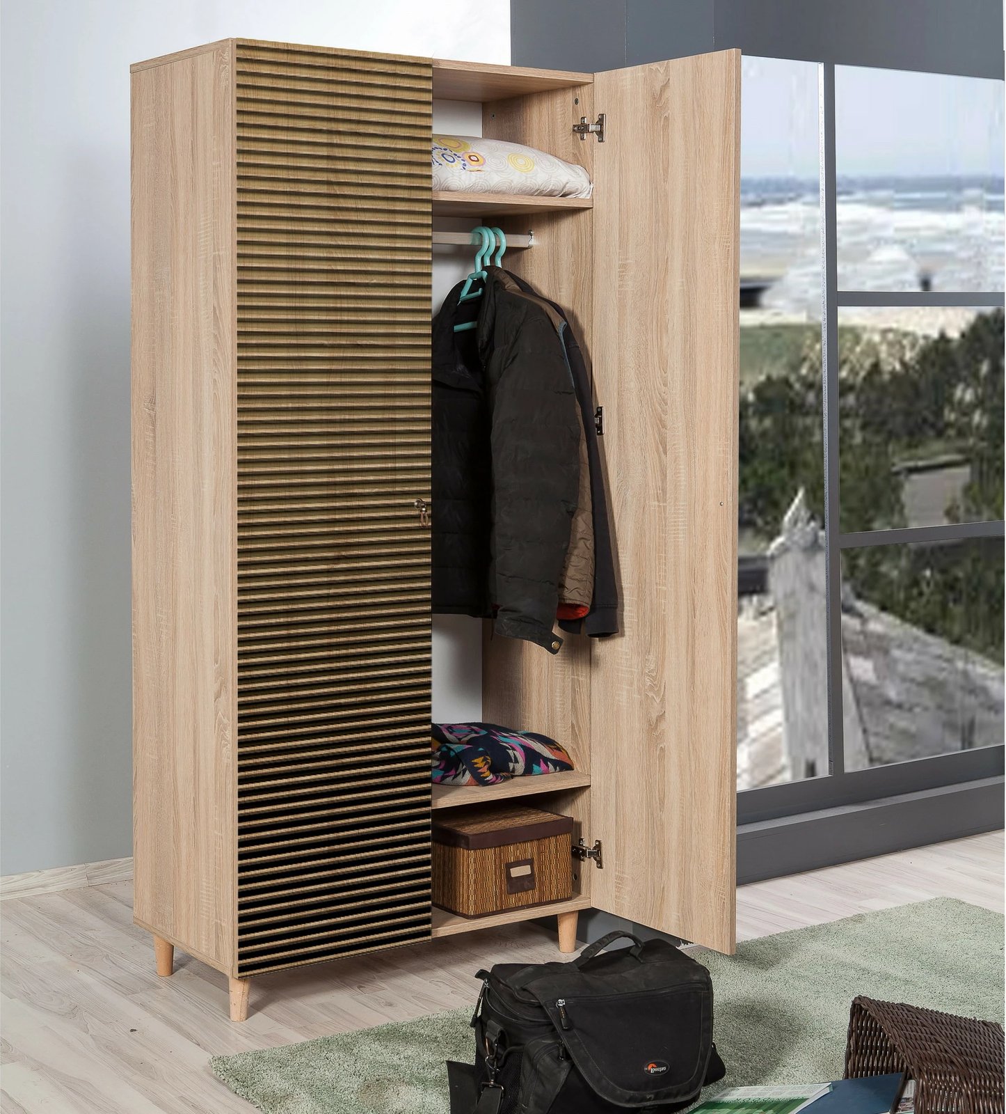 Dollap modern, ngjyrë lisi Sonoma, këmbë druri, doreza metalike dhe litari, Skye Decor, 90x192x52cm