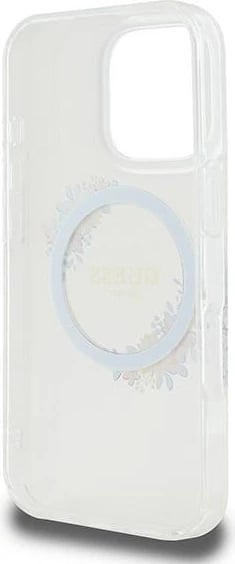 Mbështjellës Guess Flowers Wreath MagSafe për iPhone 16 Pro, Transparent