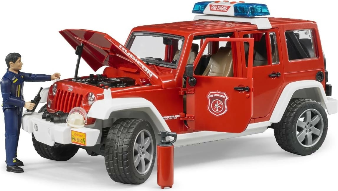 Makina lodër BRUDER Jeep Wrangler zjarrfikës BR-02528, shkallë 1:16, modul dritë/tingull, me figurë, e kuqe/zezë/bardhë