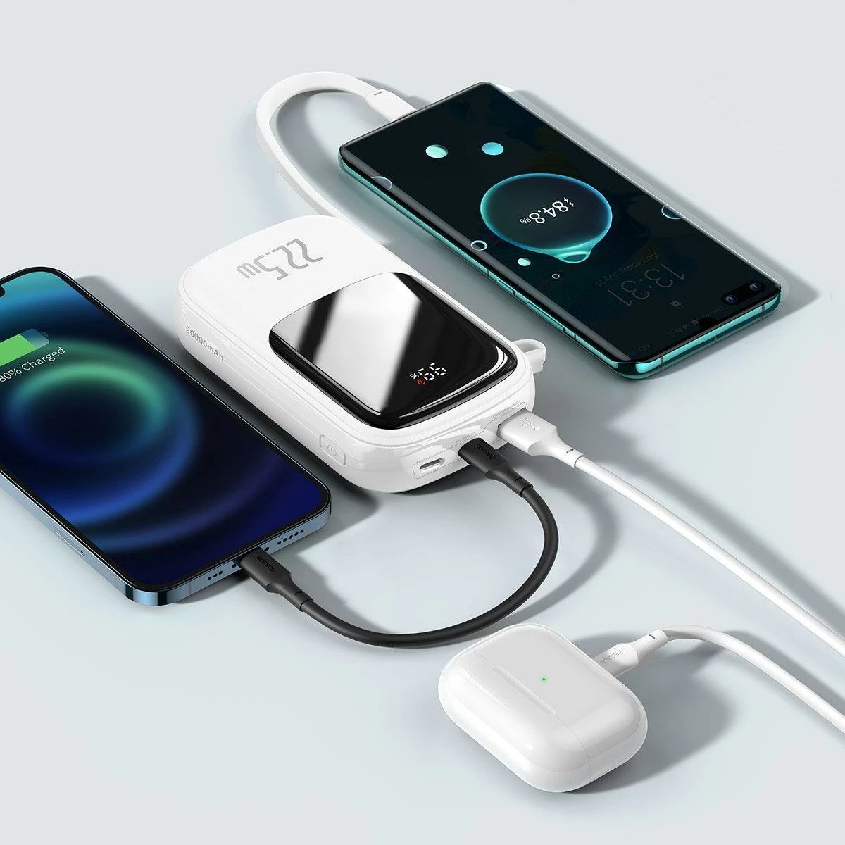 Powerbank Baseus Qpow, 20000mAh, 22.5W, me kabllo USB-C të integruar, Bardhë