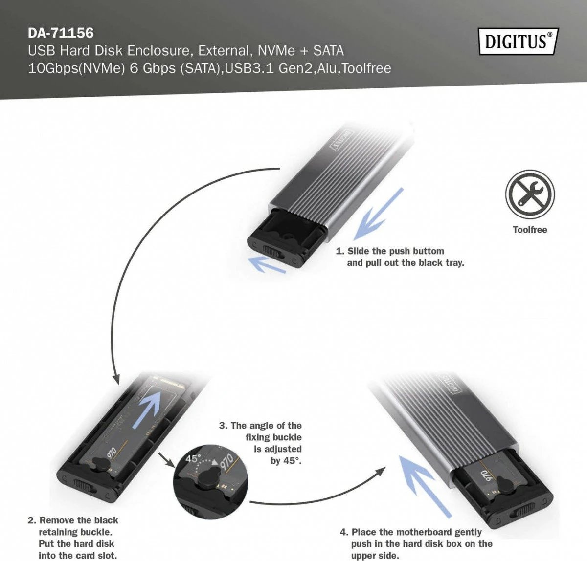 Kasë Digitus DA-71156 për SSD M.2 NVMe/SATA, USB 3.1 Type C, Alumini, Gri