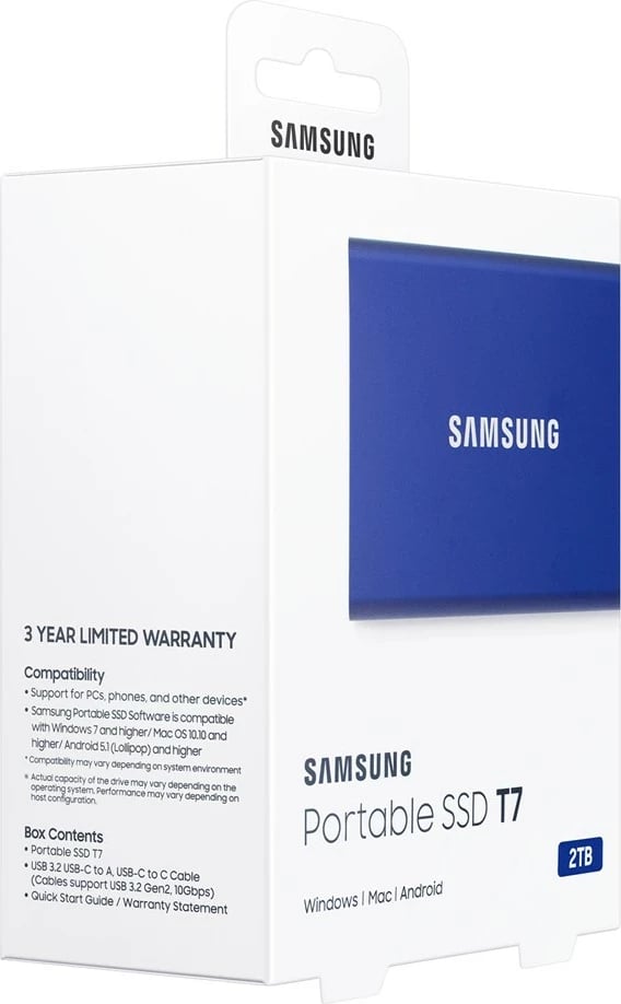 SSD i jashtëm Samsung T7, 2 TB, USB Type-C 3.2 Gen 2, Blu