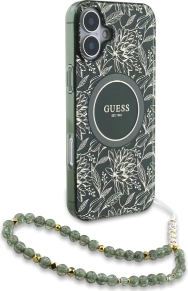 Mbështjellës Guess IML Flowers Allover Electro me rrip perlash MagSafe për iPhone 16 Plus, Gjelbër