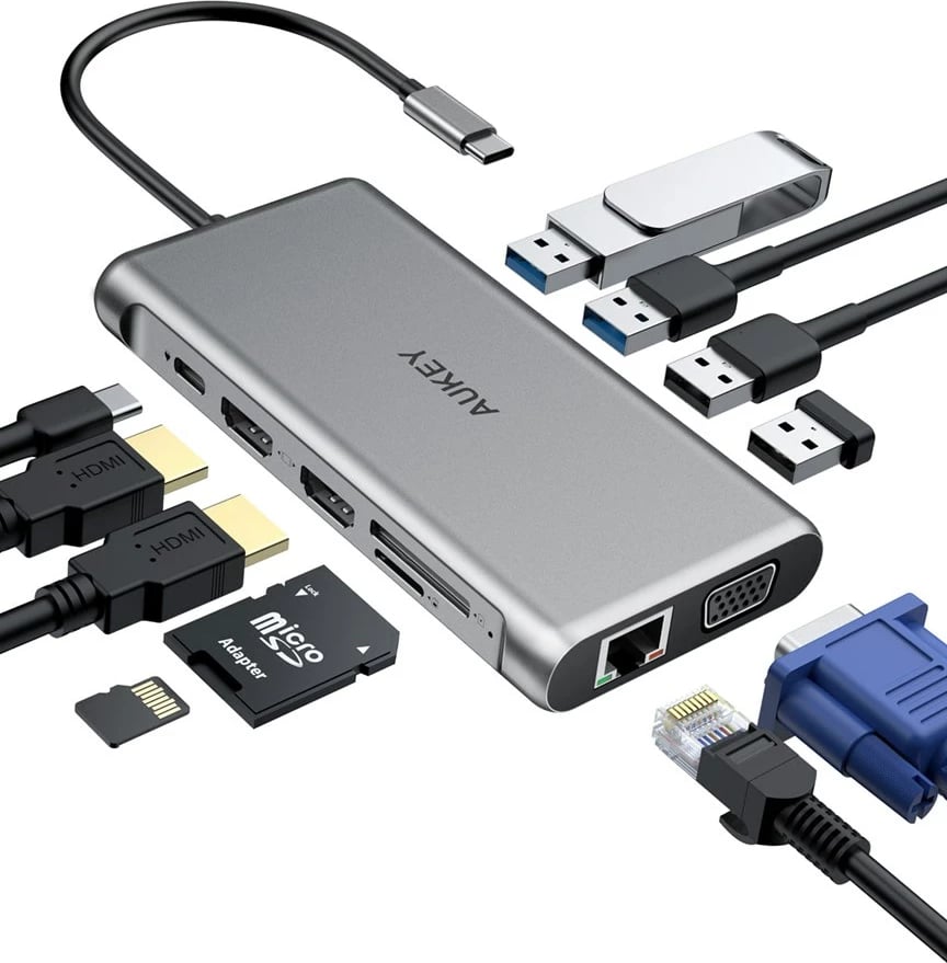 Hub AUKEY CB-C78, 5000MB/s,  2xHDMI 4k 30Hz, i hirtë / zi