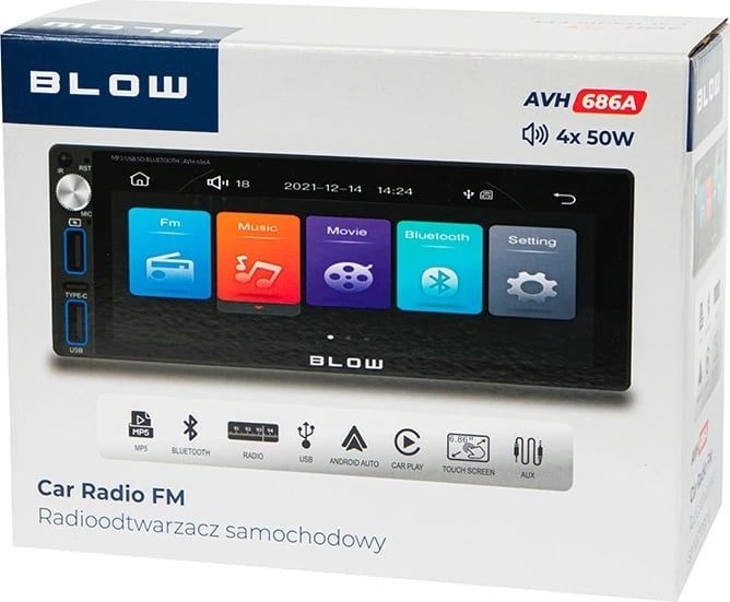 Radio veture BLOW AVH-686A, 1 DIN, ekran 6.86", Bluetooth, CarPlay/Android Auto, e zezë Radio veture BLOW AVH-686A, 1 DIN, ekran 6.86", Bluetooth, CarPlay/Android Auto, e zezë