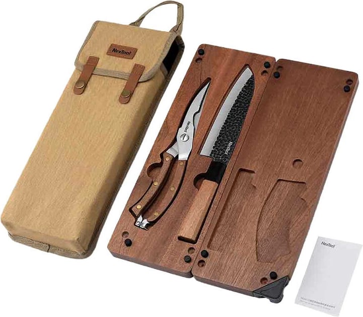 Set kuzhine për kamping Nextool NE20171 me dërrasë prerëse druri dhe thikë Santoku, kafe