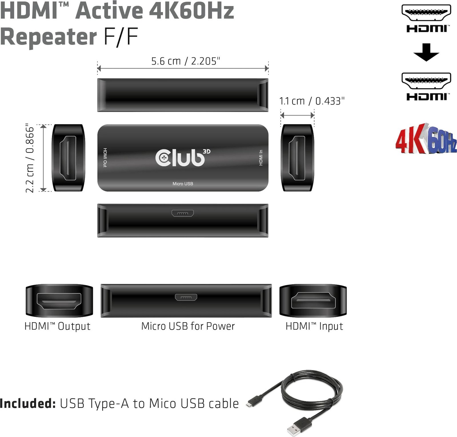 Përsëritës HDMI aktiv Club3D 4K60Hz Bu/Bu