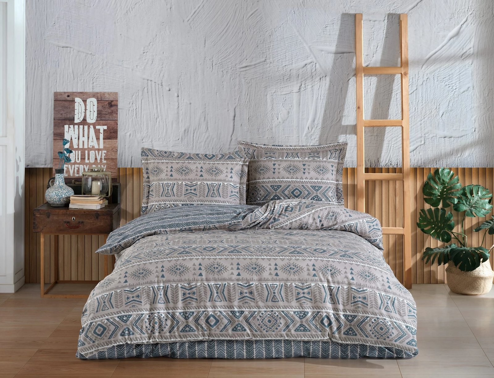 Set mbulesë për jorgan njëpersonësh, L'essentiel, Sufi İkat v2, bezhë dhe kaltër