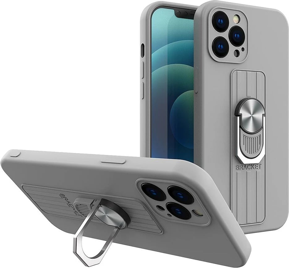 Mbështjellës Hurtel Ring Case për iPhone 12 mini, silikon, me dorezë dhe qëndrim, argjendtë