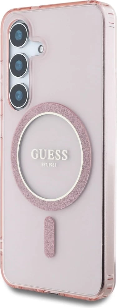 Mbështjellës Guess Glitter Circle Classic Logo MagSafe për Samsung Galaxy S25, Rozë