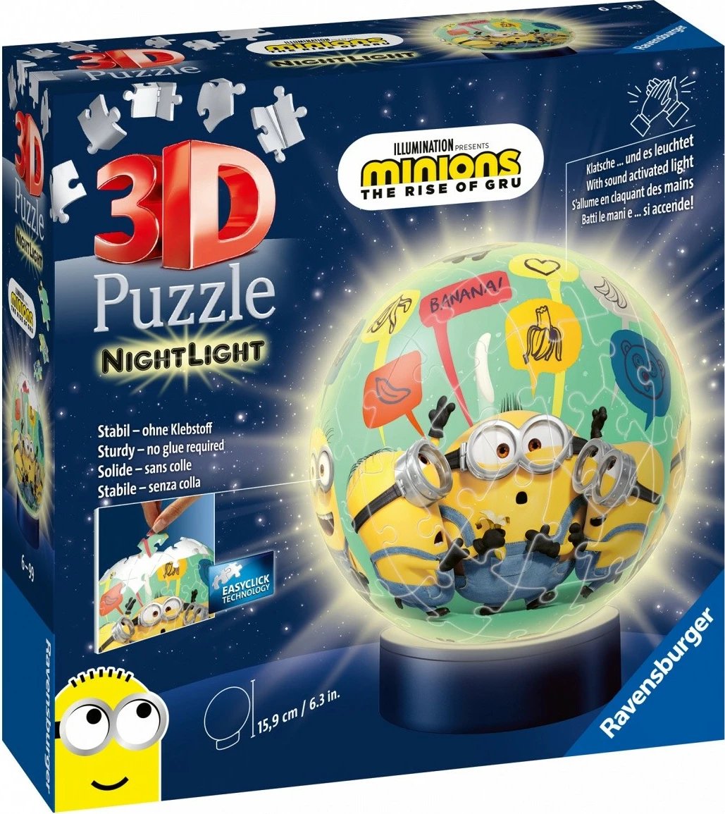 Puzzle 3D Minions Ravensburger 11180, me ndriçim LED, plastikë, 74 pjesë
