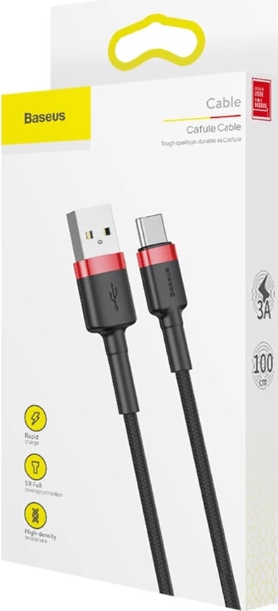 Kabllo Baseus Cafule CATKLF-B91 USB-A në USB-C, 1m, 3A, QC 3.0, zi/kuqe