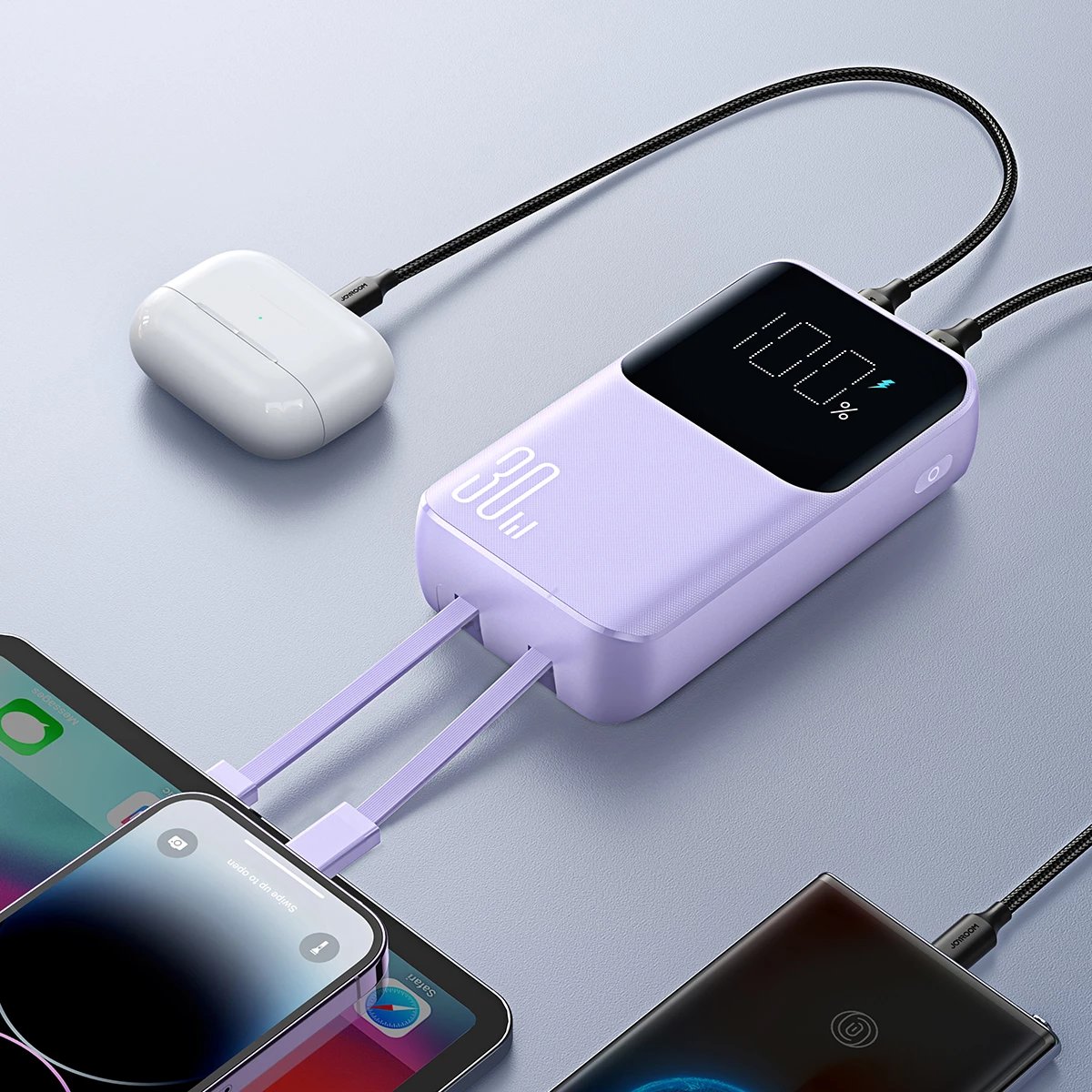 Powerbank Joyroom JR-PBC06, 10000mAh, 30W, me kabllo USB-C/Lightning të integruara, vjollcë