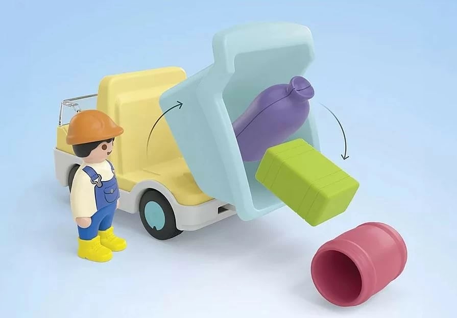Set figurina Playmobil Junior 71686, kamion me garazh dhe panel për ndarje formash, plastikë, 9 pjesë