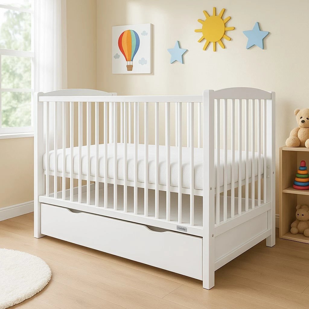 Krevat bebe, New Baby, LILLY, me anësore me ulje dhe sirtar, 120x60 cm, dru pishe, i bardhë