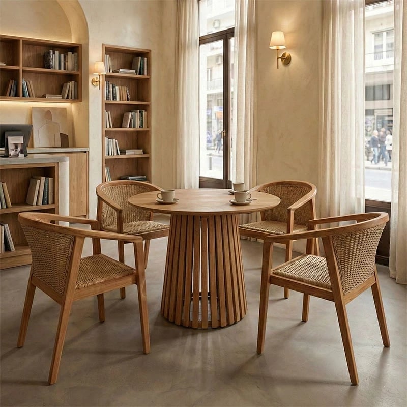 Set tavoline me karrige Granny-Kenda, 5 copë, ngjyrë natyrale-bezhë, Φ80x75cm