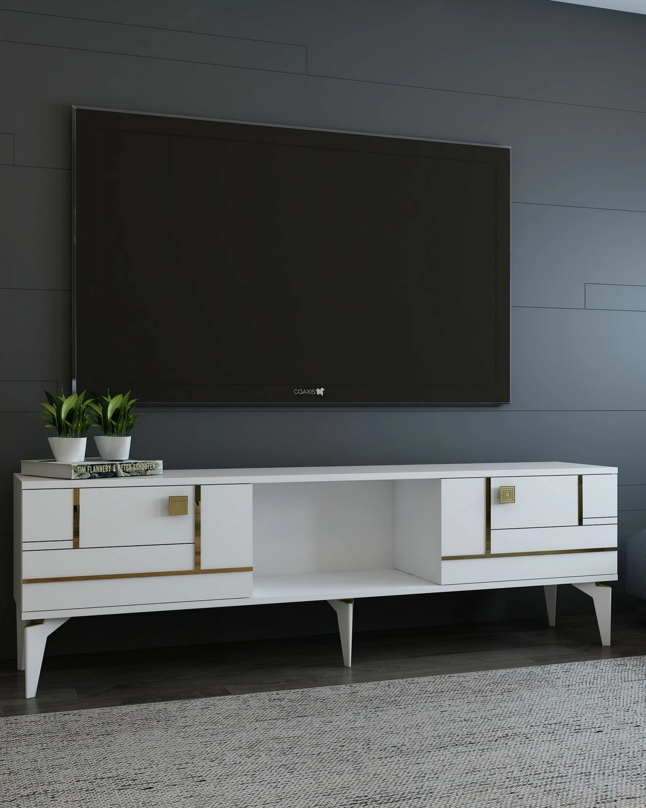 Komodë TV Skye Decor, e bardhë, e artë