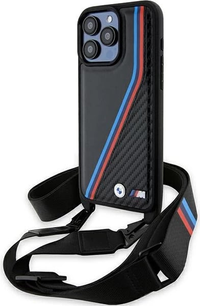 Mbështjellës BMW M Edition Carbon Tricolor Lines & Strap për iPhone 15 Pro, i zi