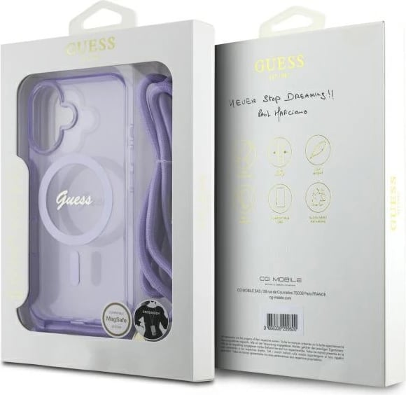 Mbështjellës Guess Crossbody Cord Script MagSafe për iPhone 16, Vjollcë