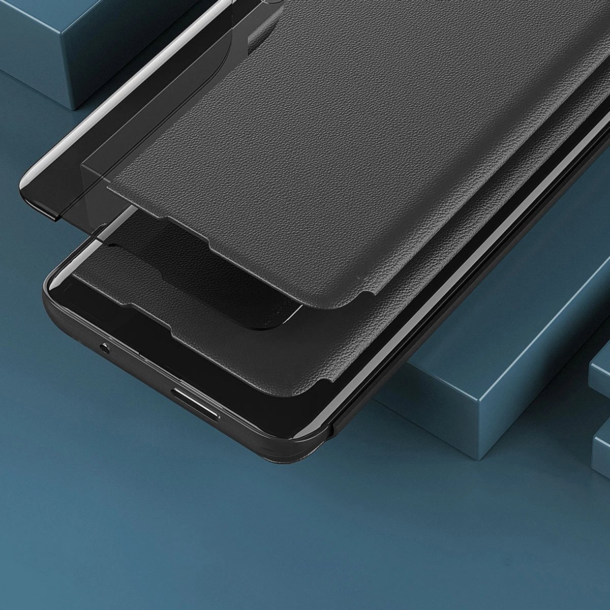Mbështjellës Hurtel Eco Leather View Case për Samsung Galaxy A14, me kapak dhe qëndrim, i zi