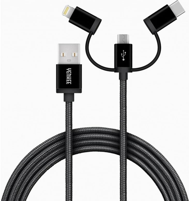 Kabllo universale YENKEE YCU 400BK, 1m, USB A në USB C/Micro USB/Lightning, e zezë Kabllo universale YENKEE YCU 400BK, 1m, USB A në USB C/Micro USB/Lightning, e zezë