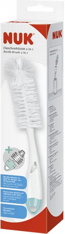 Furçë shishe 2‑në‑1, NUK, Bottle Brush, me furçë të vogël për biberon në dorezë, qime të forta dhe të lakueshme, me varëse, blu, 1 copë/pako