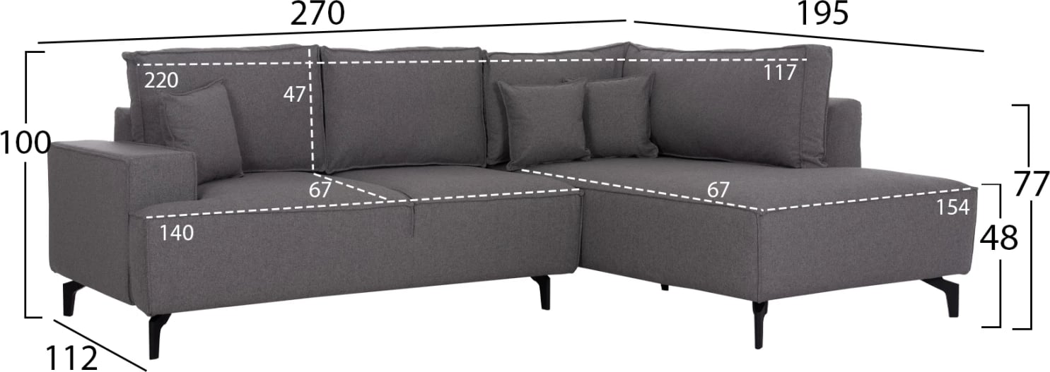 Kënd-sofë krevate me hapësirë për depo, Saffira FH3303.01R, material gri, 270x195x100cm