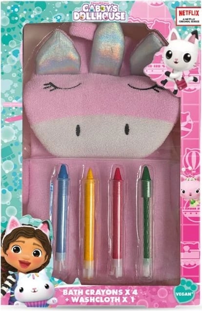 Set ngjyrash për banjë Gabby's Dollhouse Bath Crayons uniseks, 4 copë + sfungjer rozë