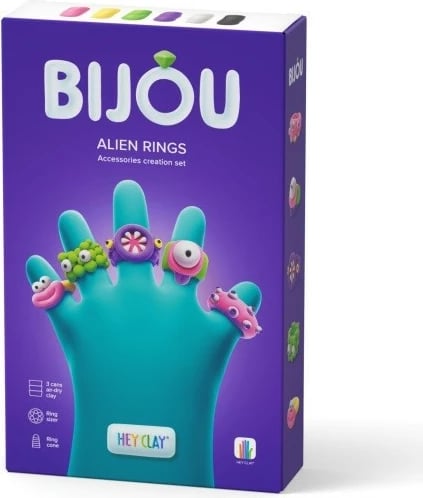 Set plasteline Hey Clay Bijou Alien Rings, Tm Toys, 3 kanaçe, 6 ngjyra, për fëmijë
