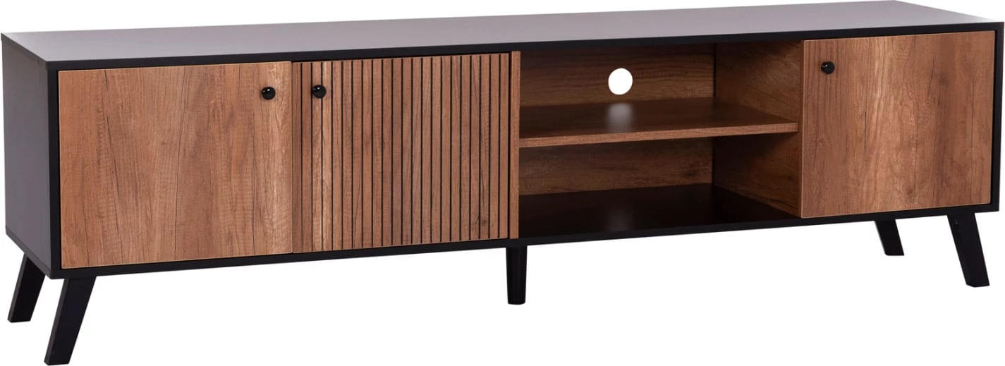 Komodë TV KRUDEN, melaminë, ngjyrë e zezë-dru natyral, 180x40x51cm