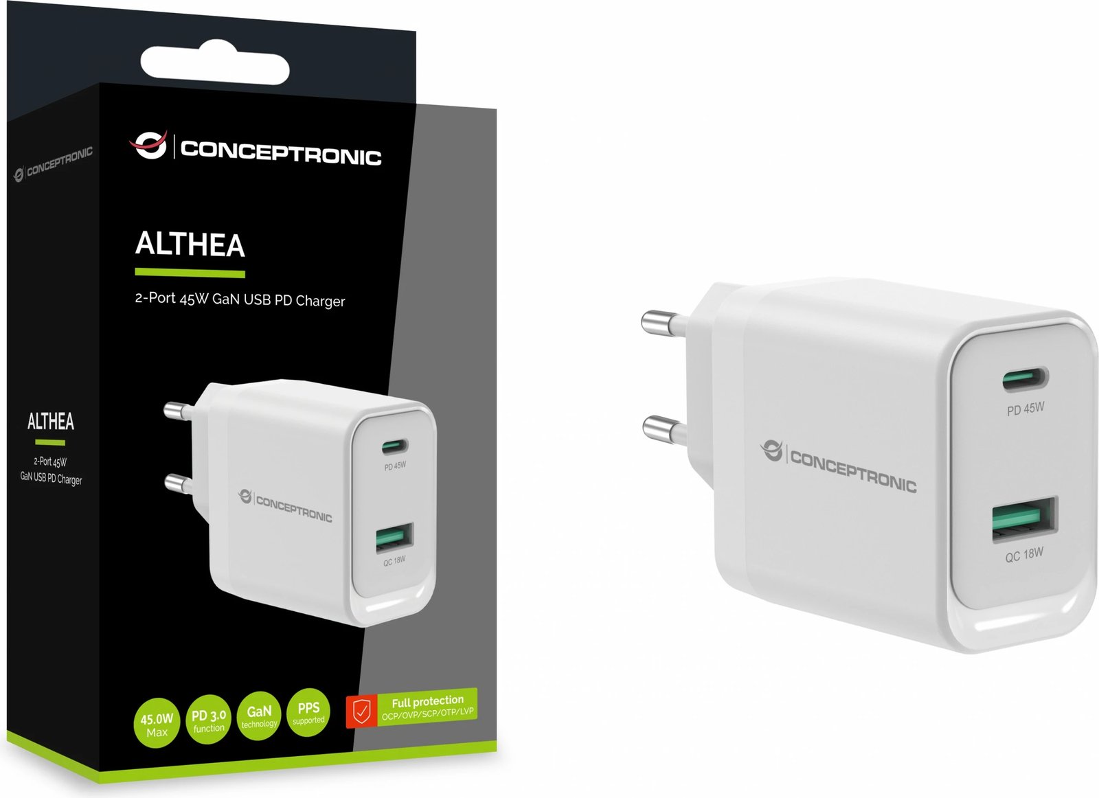 Karikues Conceptronic 2Port GaN USB-C/USB-A 45WPD3.0/PPS i bardhë