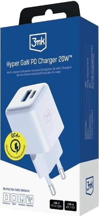 Karikues 3MK Hyper GaN 20W, USB 3.0 dhe USB Type C, bardhë