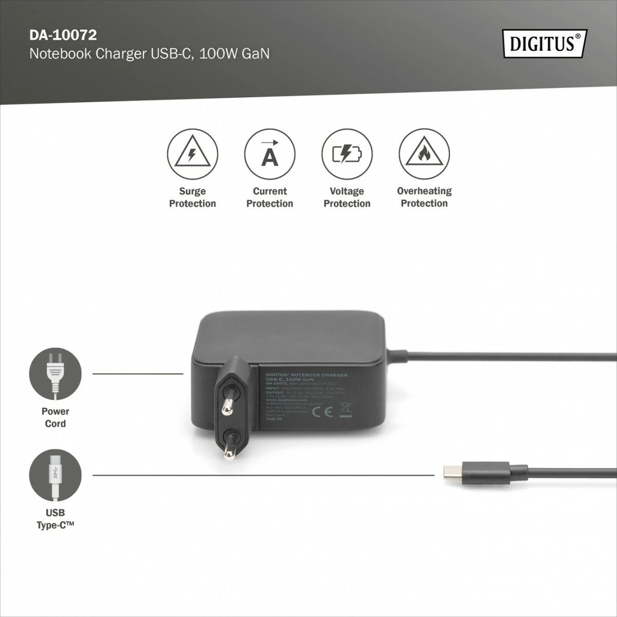 Karikues rrjeti Digitus DA-10072 me USB-C PD 3.0, 100W, GaN, 1.2m, zi