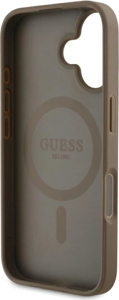 Mbështjellës Guess Grained Hot Stamp Peony Triangle Logo MagSafe për iPhone 16, Kafe