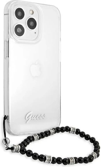 Mbështjellës Guess GUHCP13LKPSBK për iPhone 13/13 Pro 6.1", transparent me varëse perlë, Black Pearl