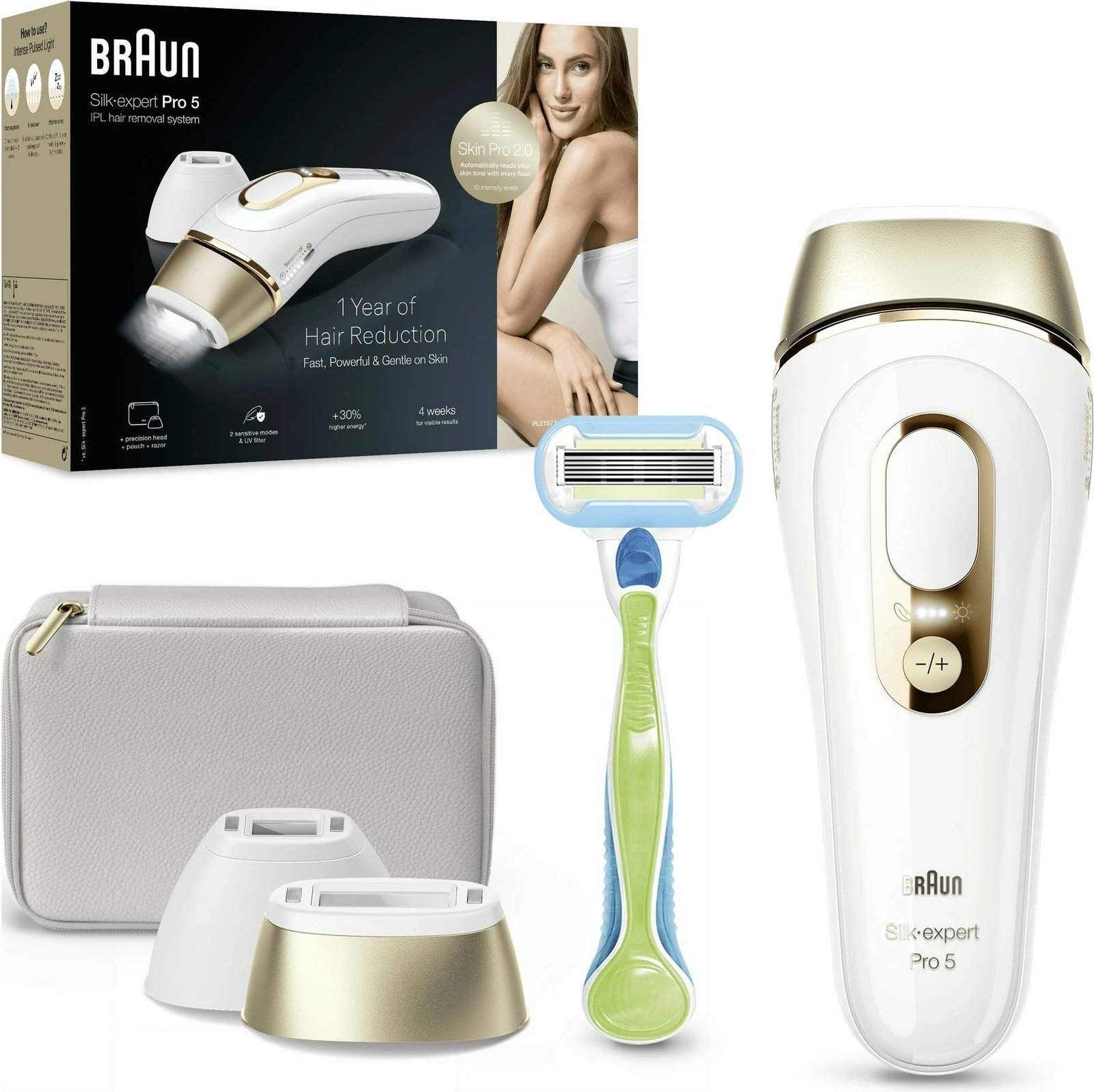 Pajisje IPL Braun Silk-expert Pro PL5152, për heqje qimesh, e bardhë Pajisje IPL Braun Silk-expert Pro PL5152, për heqje qimesh, e bardhë