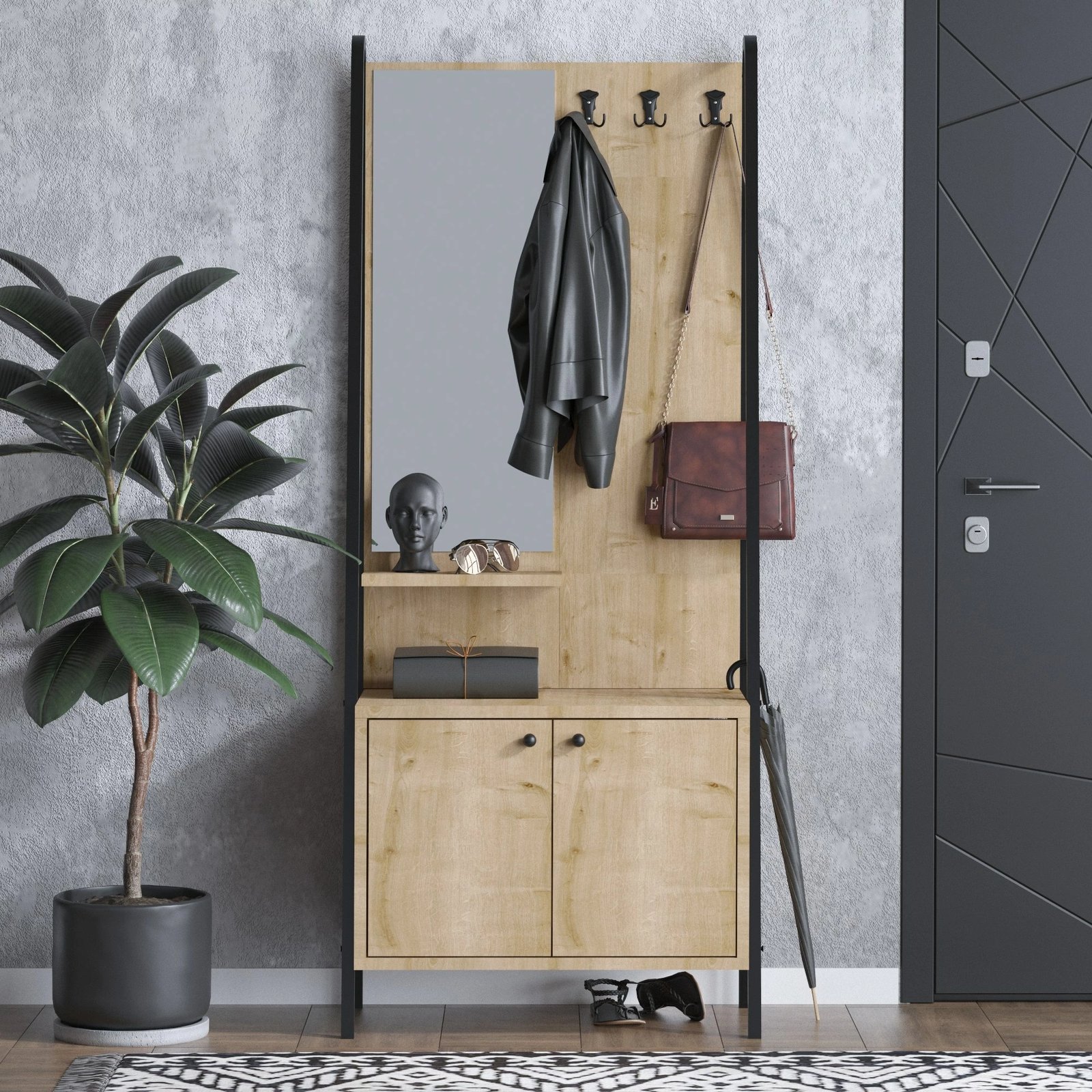 Stendë për korridor, ngjyrë lisi dhe e zezë, Lumi Dec0145