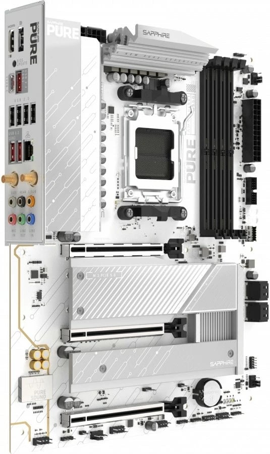 Pllakë amë, Sapphire Technology PURE B850A WIFI 7 52123-11-40G, Socket AM5, chipset AMD B850, DDR5 4 slote, PCIe 5.0 x16, Wi‑Fi 7 & 2.5GbE, e bardhë