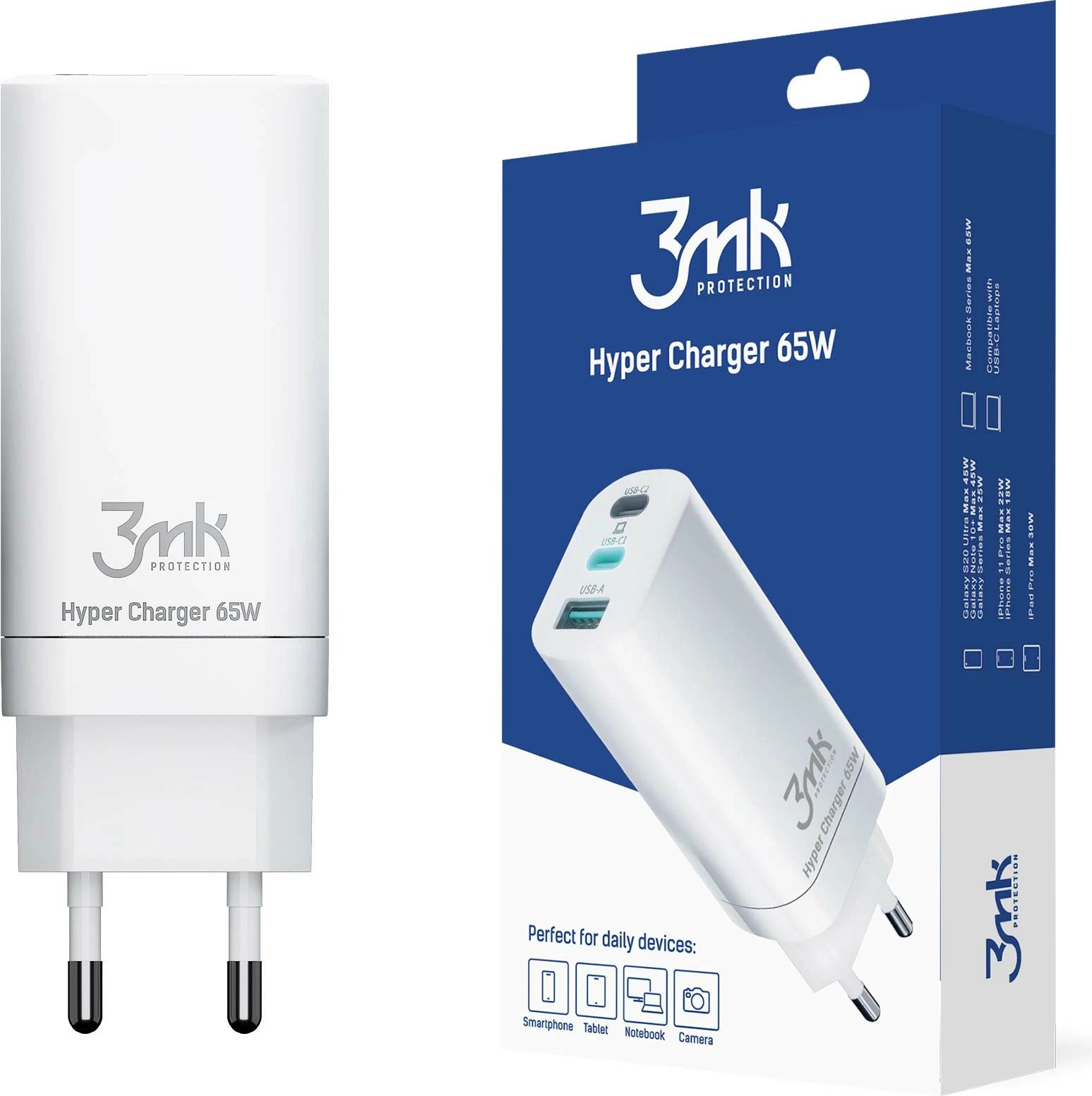 Karikues muri 3mk HyperCharger 65W, 2x USB-C + 1x USB-A, i bardhë