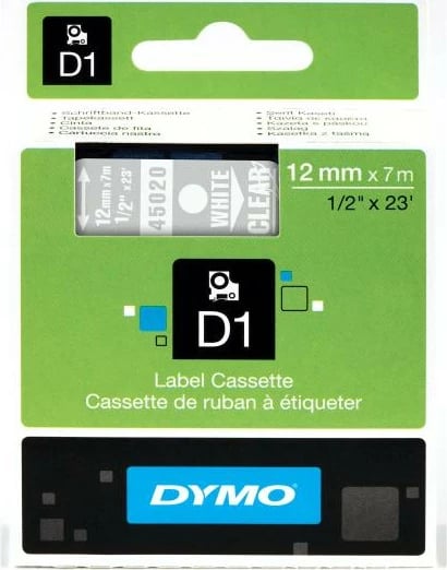 Kasetë shirit etiketues, Dymo D1 45020 (S0720600), 12 mm x 7 m, e bardhë në të tejdukshëm
