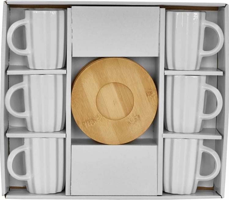 Set filxhanësh espresso Cactus, porcelan i bardhë, bambu natyrale, 6 copë, 32x28x7cm