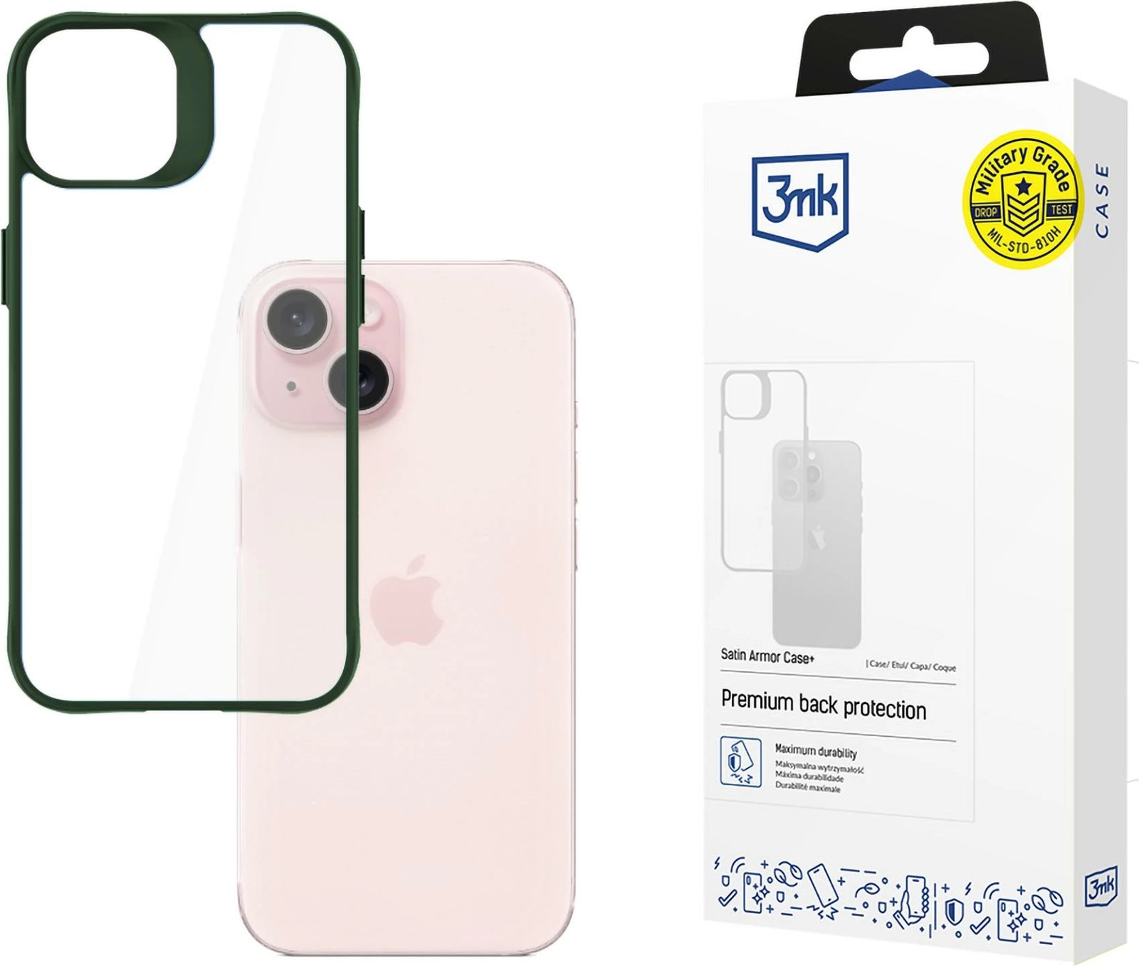 Mbështjellës 3mk Satin Armor Case+ për iPhone 15, Transparent me kornizë të gjelbër