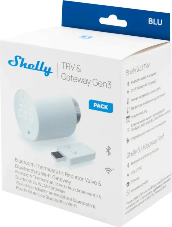 Termostat radiator Shelly Blu TRV & Blu Gateway Gen3, i bardhë