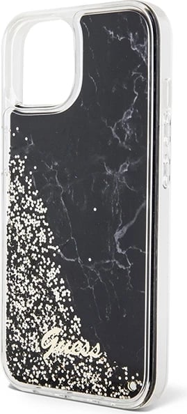Mbështjellës Guess Liquid Glitter Marble për iPhone 14, i zi