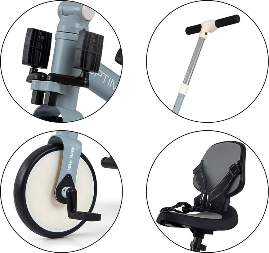 tricikël 5‑në‑1 me dorezë prindi, Milly Mally, Optimus Max, rrota shkumë, sedile e rregullueshme, 12–36 muaj, blu denim