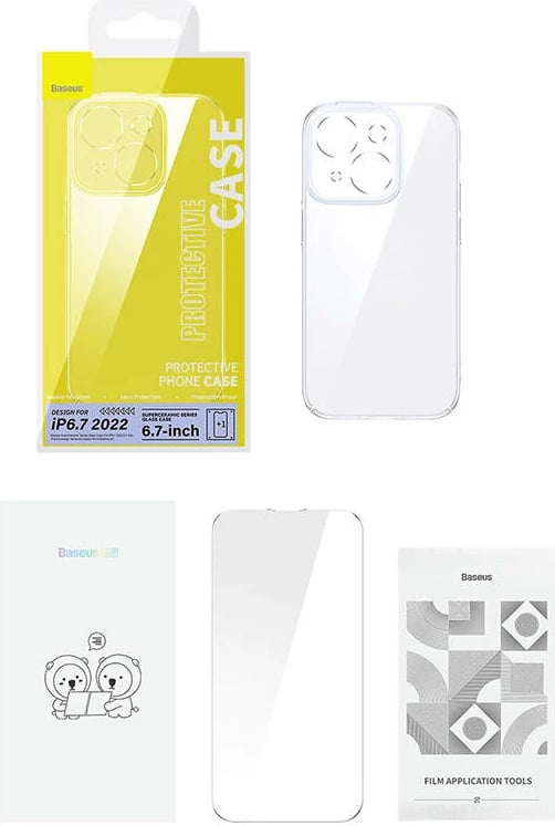 Mbështjellës Baseus SuperCeramic me xham të temperuar për iPhone 14 Plus, Transparent, set Mbështjellës Baseus SuperCeramic me xham të temperuar për iPhone 14 Plus, Transparent, set